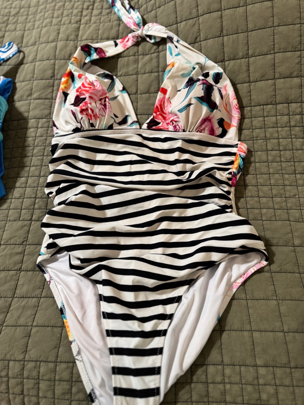 Cupshe Black and White Striped One-Piece with Floral Accents
